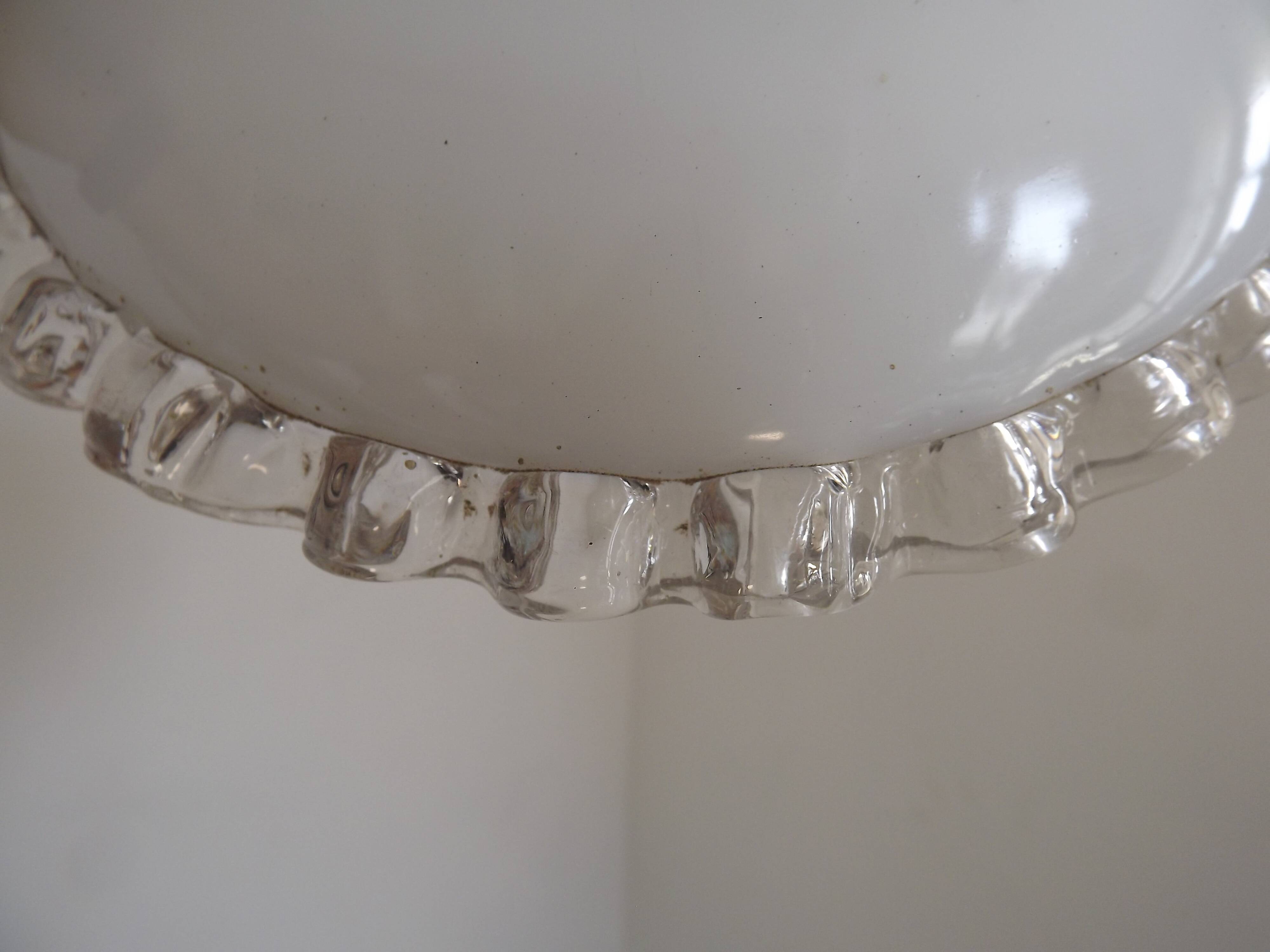 Vintage French Art Deco Opaline Glass Pendant Light Clear Frilled Edge
