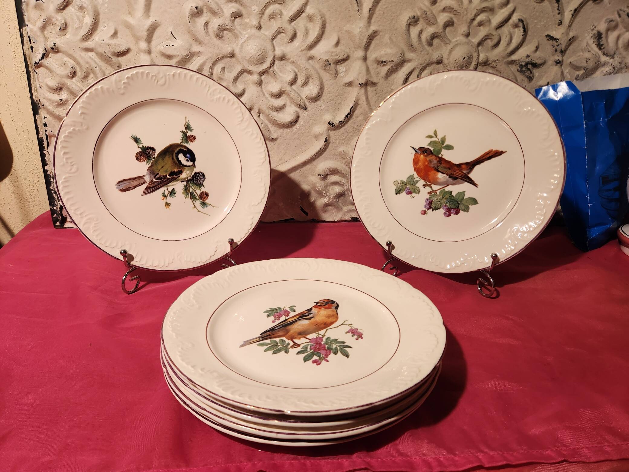 6 dessert plates Digoin Sarreguemines with coloured bird design.