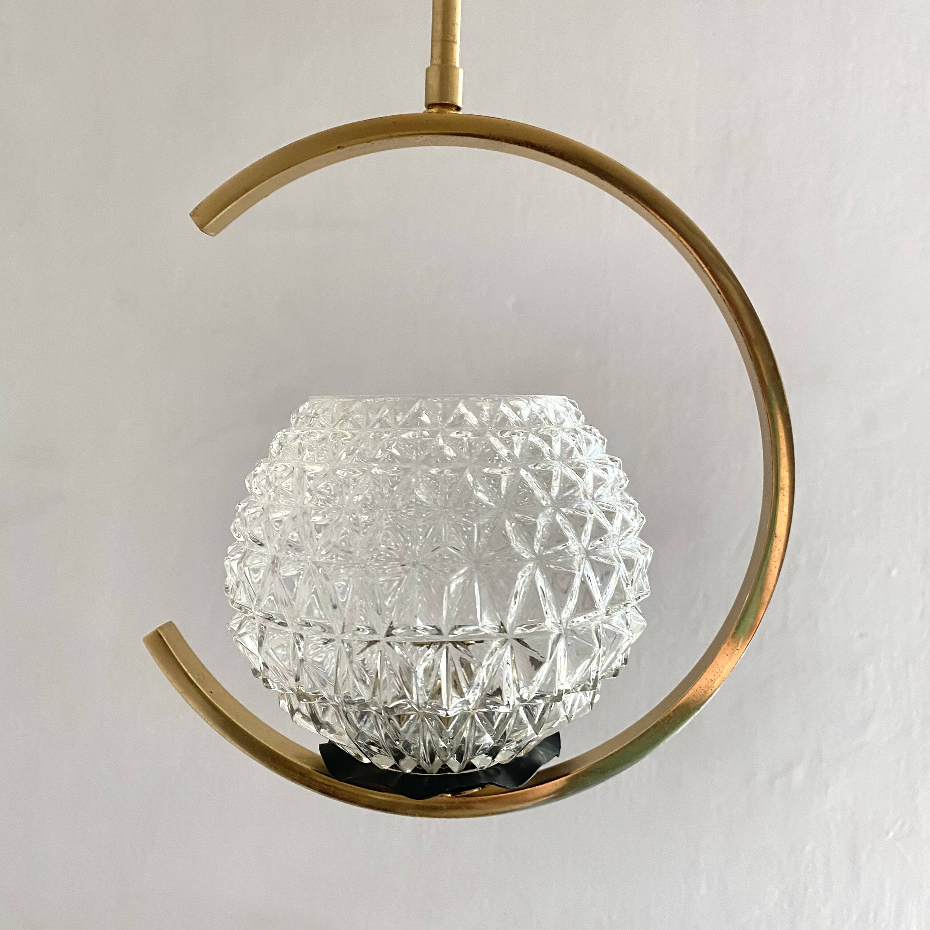 60s Arlus style pendant light, brass and glass
