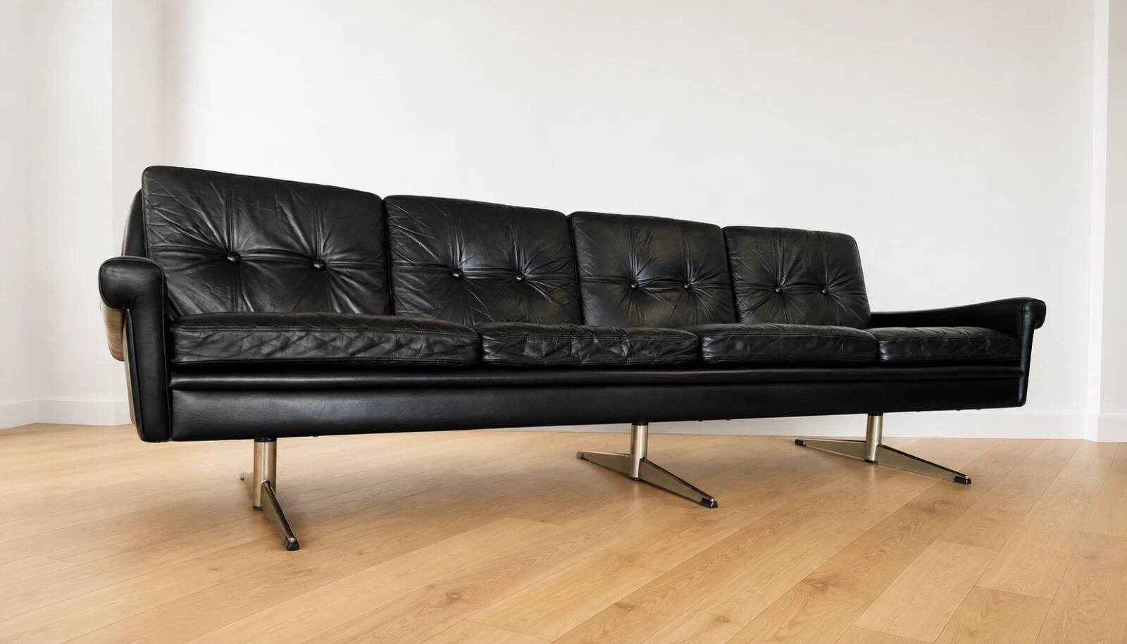 Vintage Danish Svend Skipper 4 person sofa in black leather and chrome