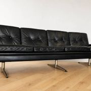 Vintage Danish Svend Skipper 4 person sofa in black leather and chrome