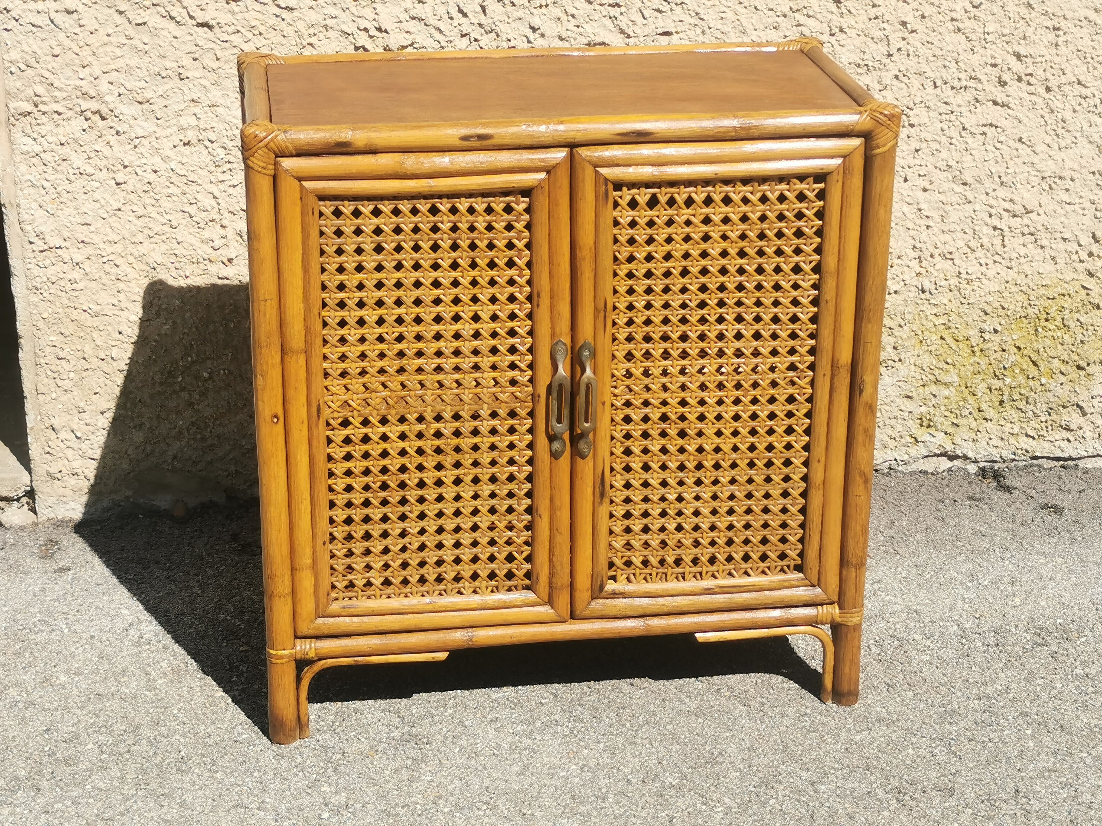 Vintage wood and rattan chest of drawers
