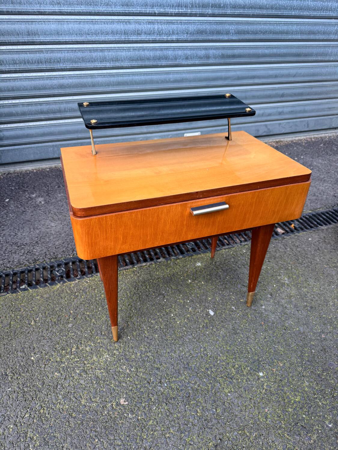 Vintage 1950s varnished glass shelf bedside table.
