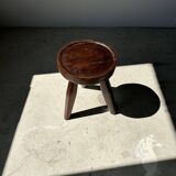 Tripod stool in upcycled teak high hollow - Small tripod stool in solid brown wood seat circ