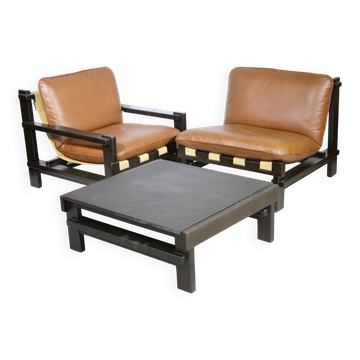 Ensemble de salon brutaliste en cuir marron clair et pin par Carl Straub, ensemble de 3.
