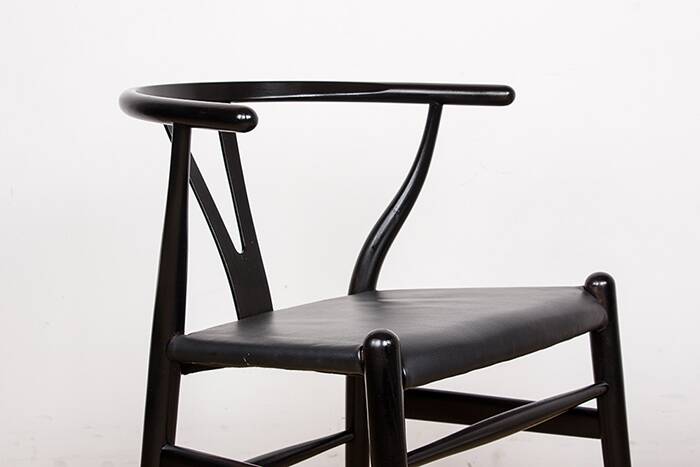 4 Danish chairs, black lacquered wood and leather, Wishbone model, Hans Wegner