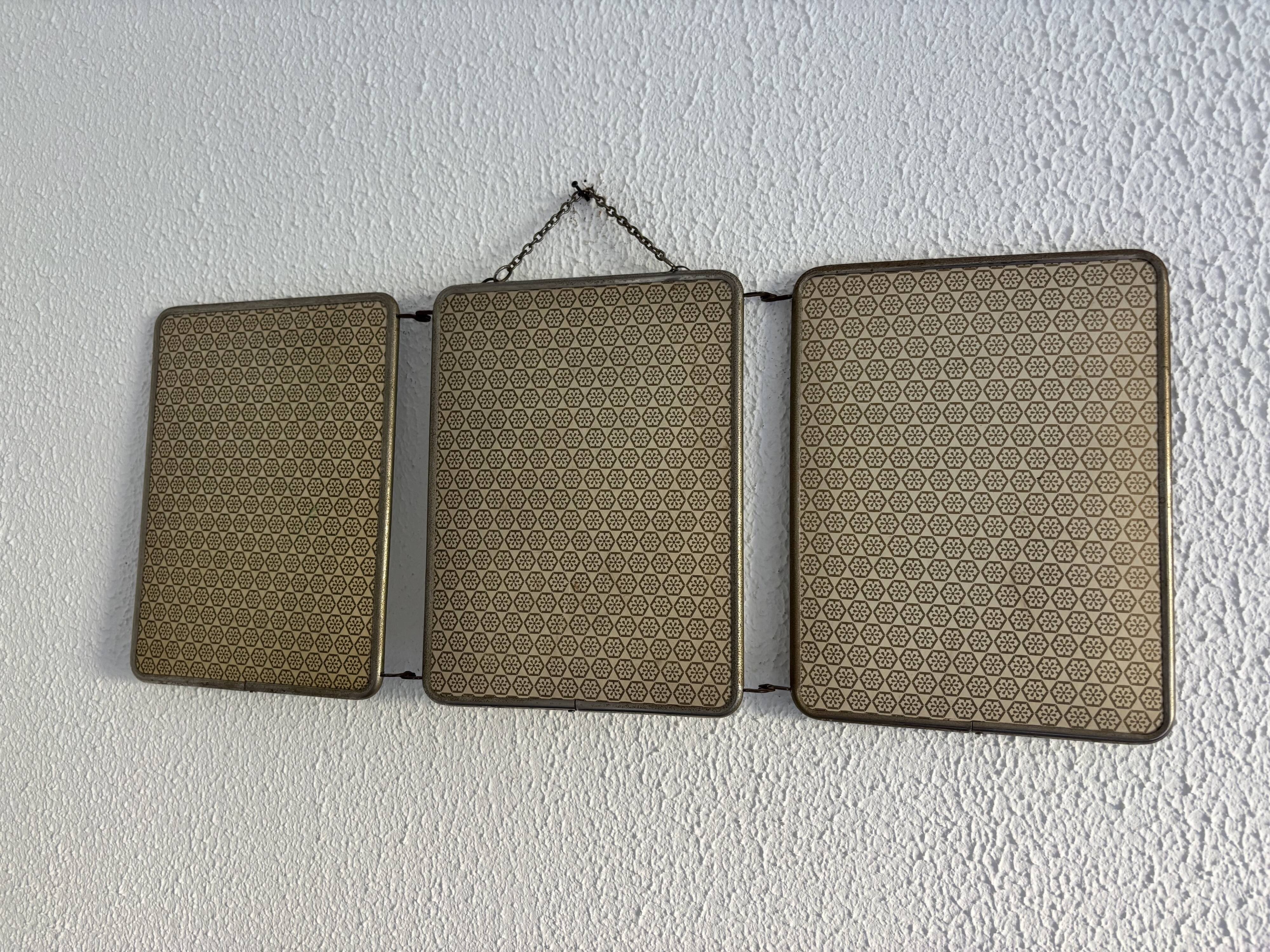 Vintage 1960 triptych mirror barber hairdresser Japonese style - 25 x 60 cm