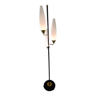 Lampadaire tripode vintage – laiton & opaline blanche – années 1960
