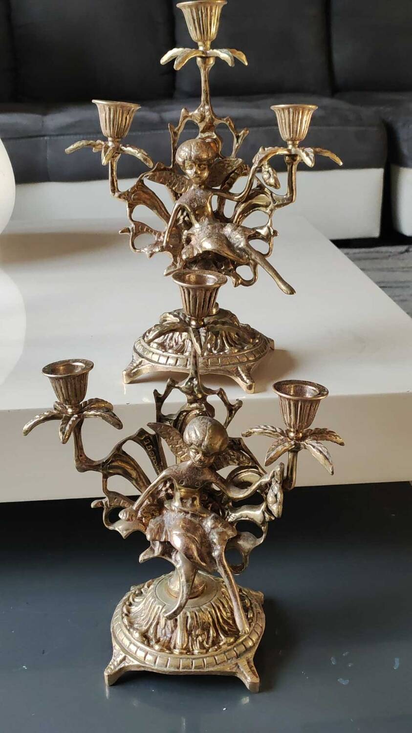 Pair of Antique 3-light candlesticks. Puttis/Cherubs. Bronze