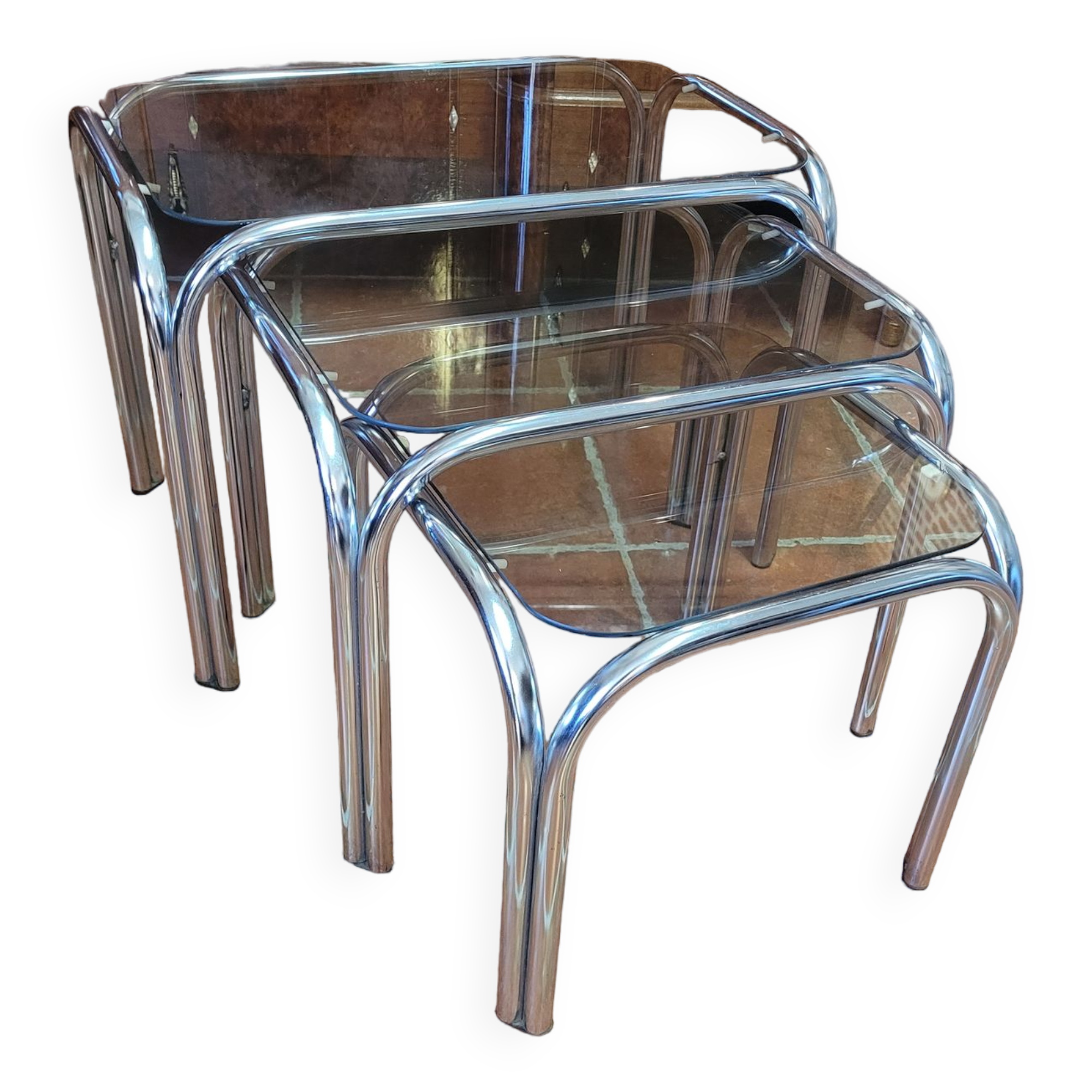 Chrome nesting table with smoked glass top from the 70s