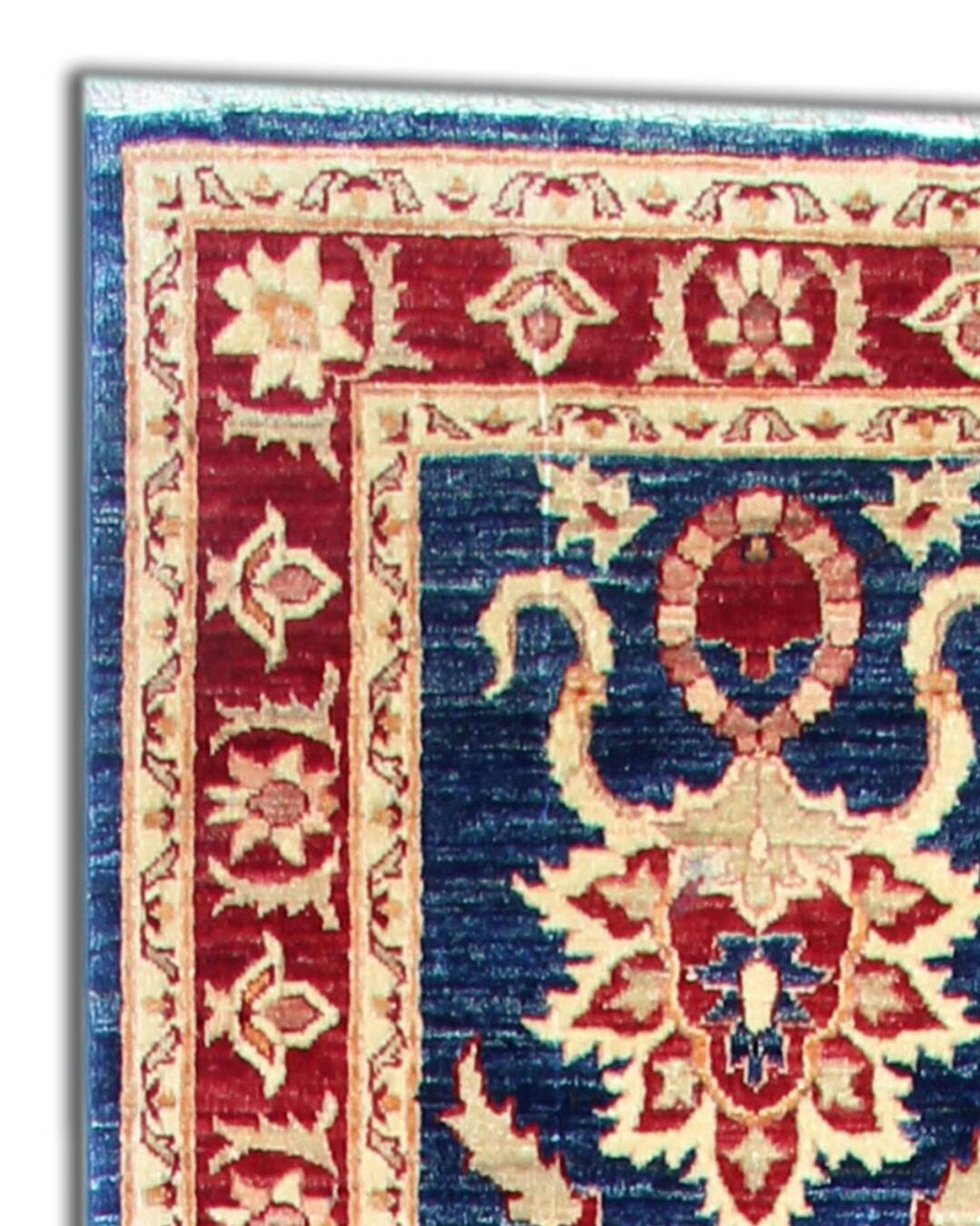 Blue Floral Hand-Knotted Runner, Traditional Wool Hallway Stair Rug 78x386