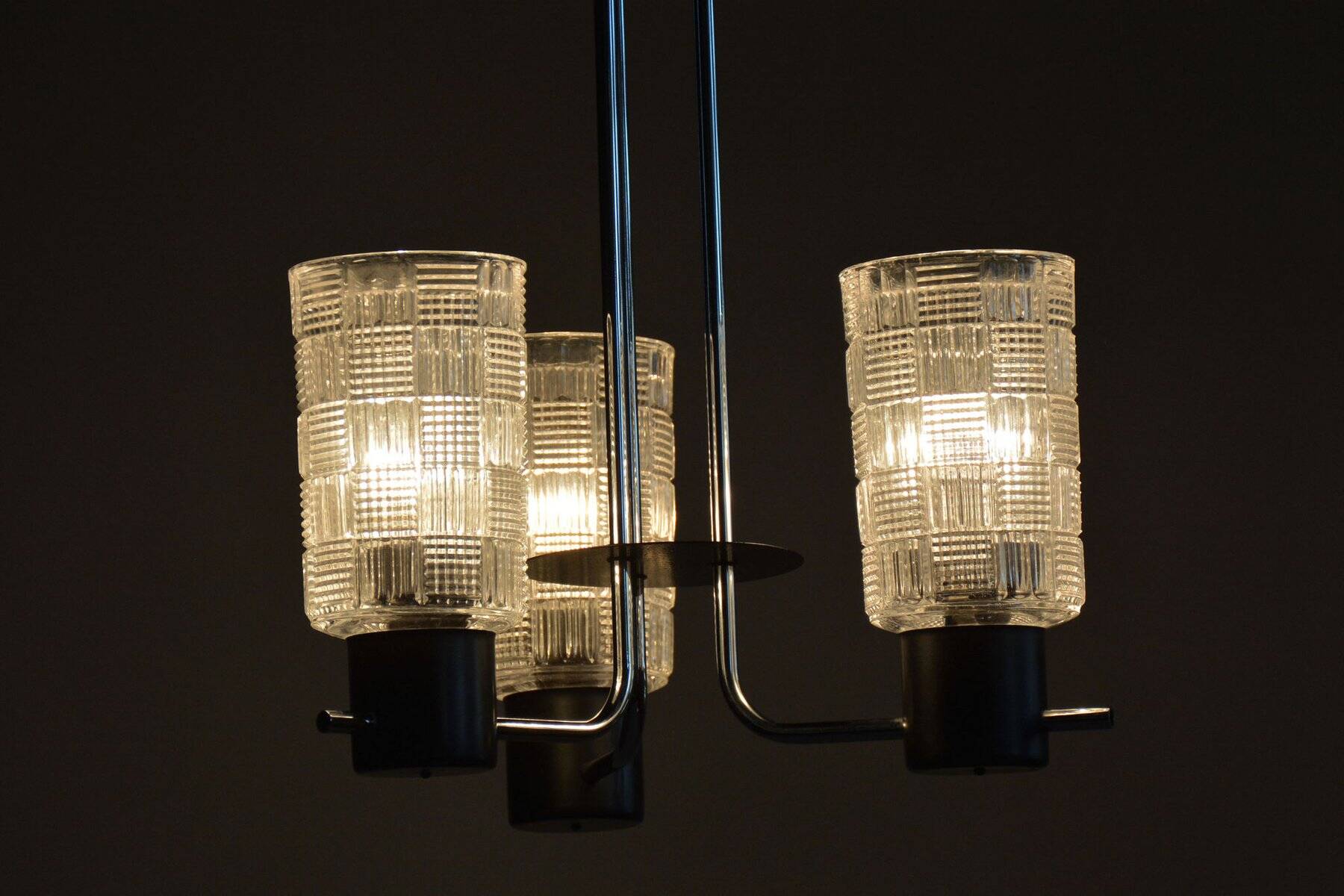 Mid-Century Chandelier in Chromed Steel and Glass by Drukov, Czech, 1970s