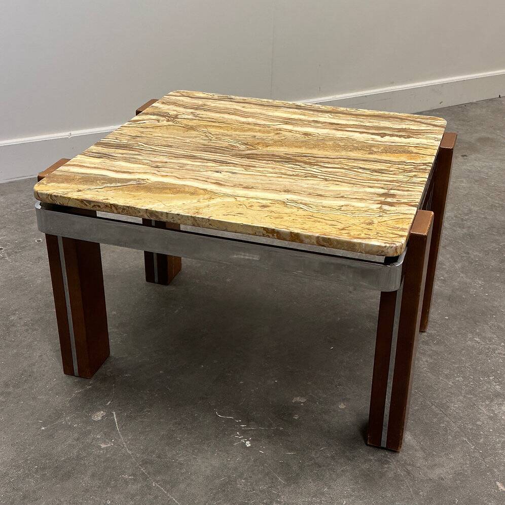 Italian 1970s coffee table in Breccia Sarda marble & steel legs – caramel tones