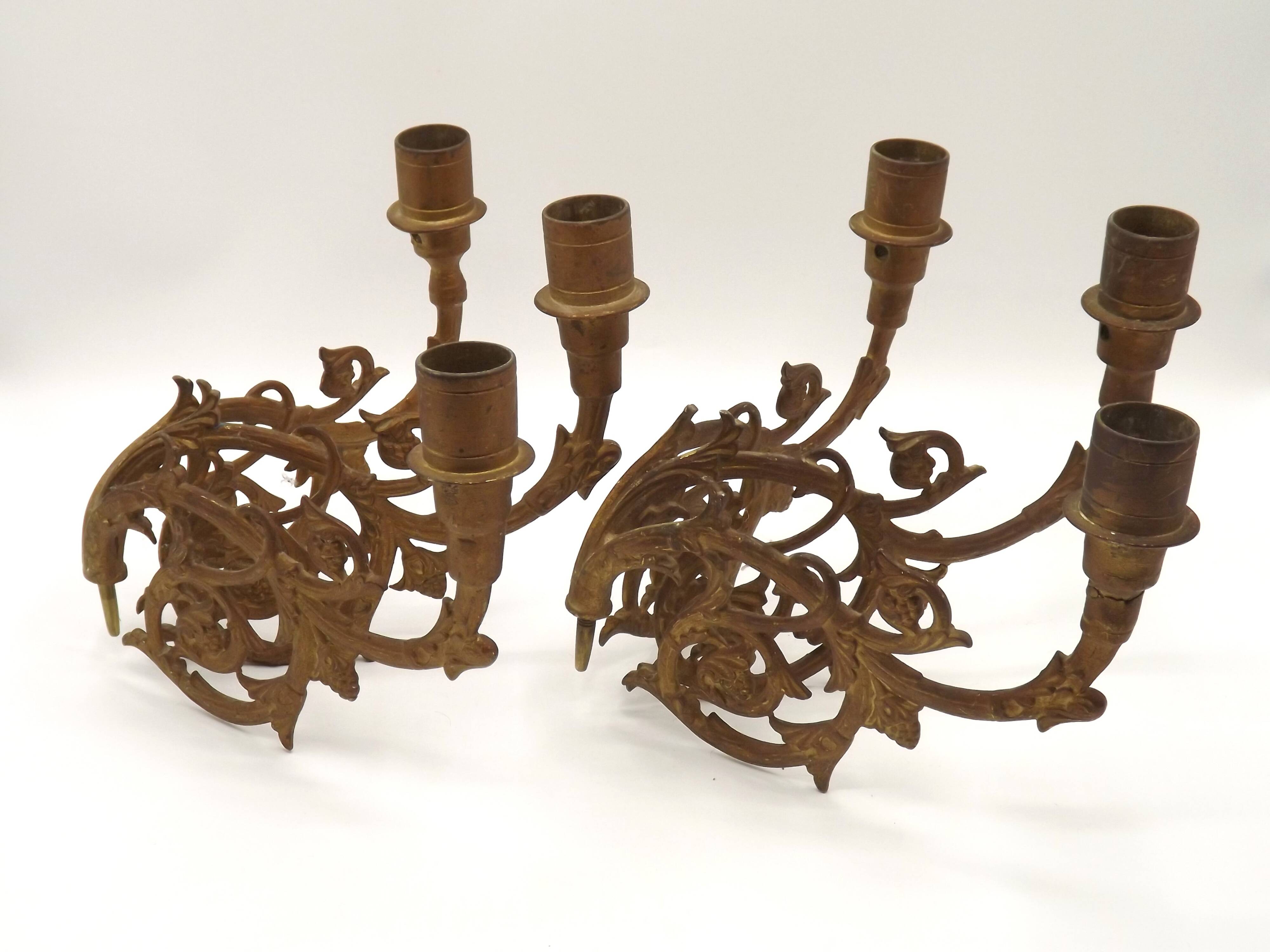 Stunning Pair of Large Antique 3-Arm Gilt Bronze Piano Sconce Candle Holders 4916