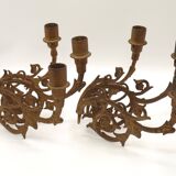 Stunning Pair of Large Antique 3-Arm Gilt Bronze Piano Sconce Candle Holders 4916