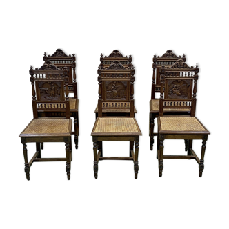 Suite of 6 Breton chairs in light oak and canne seat
