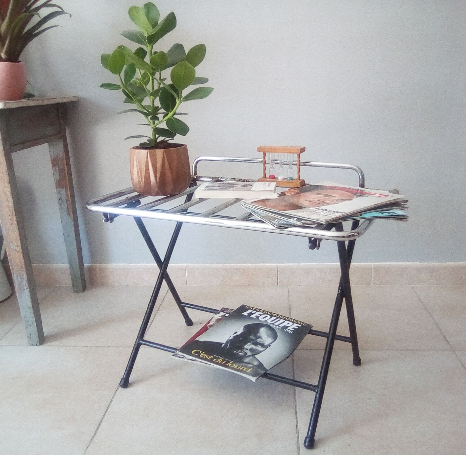 Side table, vintage suitcase carrier