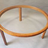 Round bass table in oak and glass, 50s
