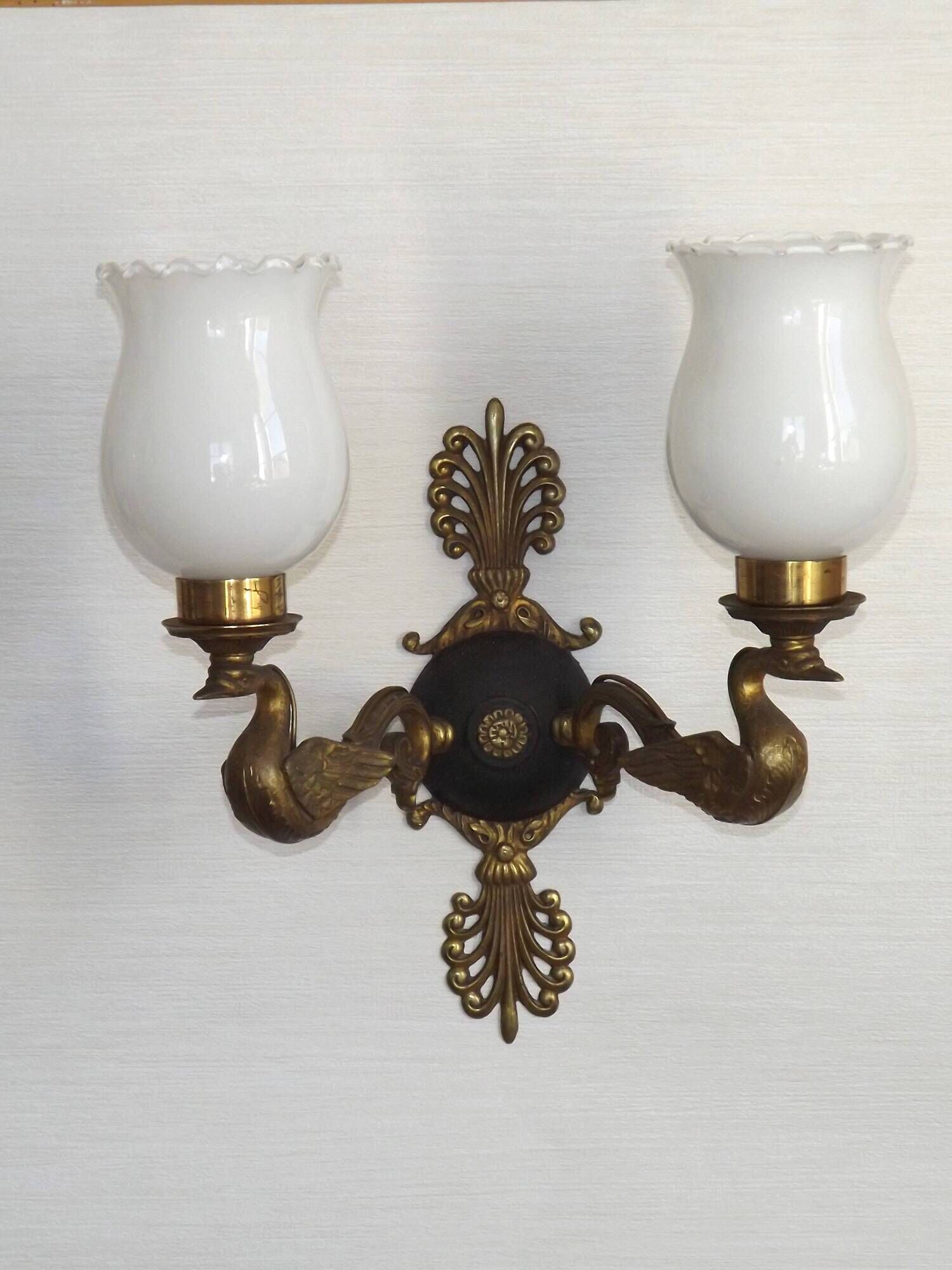 Pair Of Lucien Gau Style Double Swan Wall Lights With Opaque Glass Shades