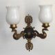 Pair Of Lucien Gau Style Double Swan Wall Lights With Opaque Glass Shades