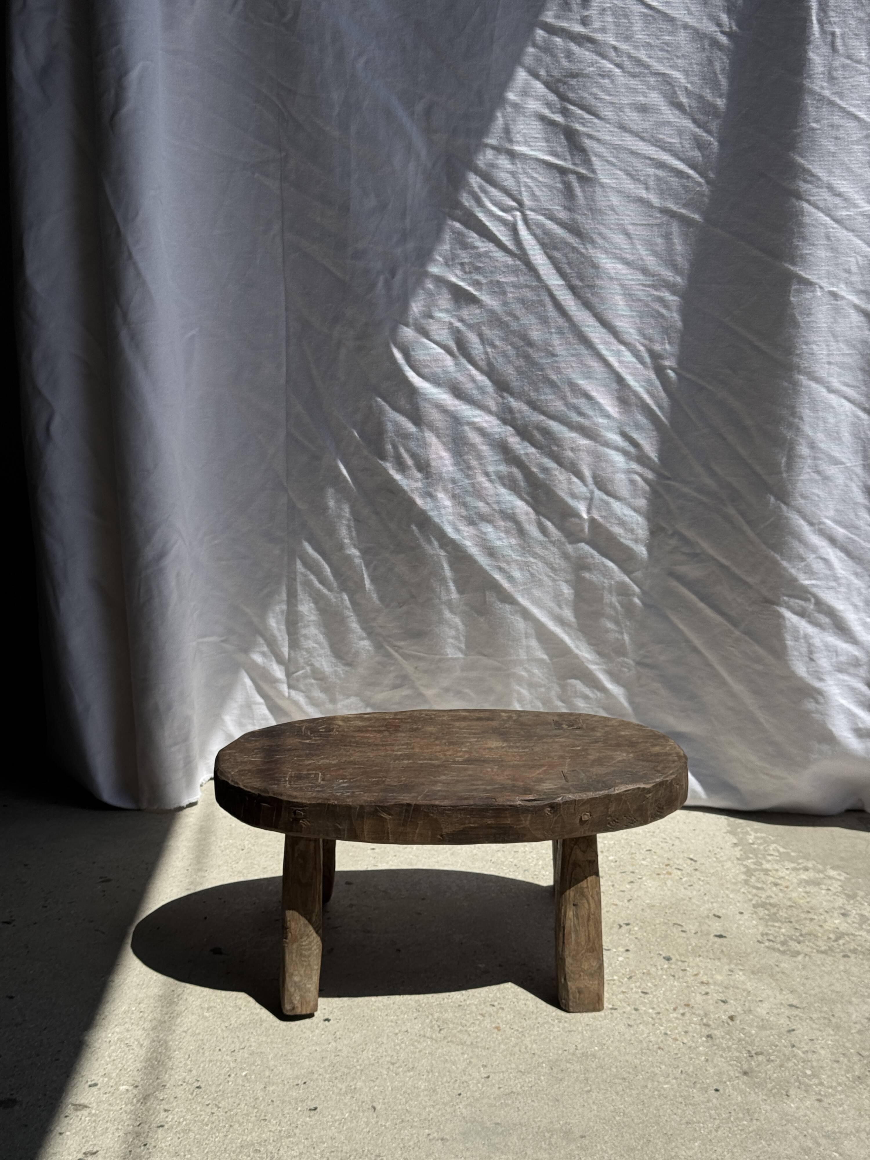 Small stool or small oval side table in solid teak wabi-sabi H24 53