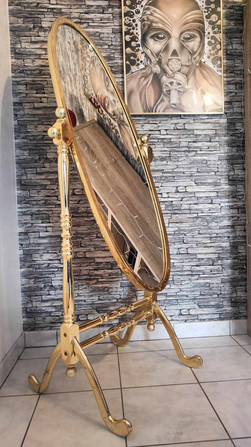 Vintage horse mirror in patinated steel with golden brass effect 1980