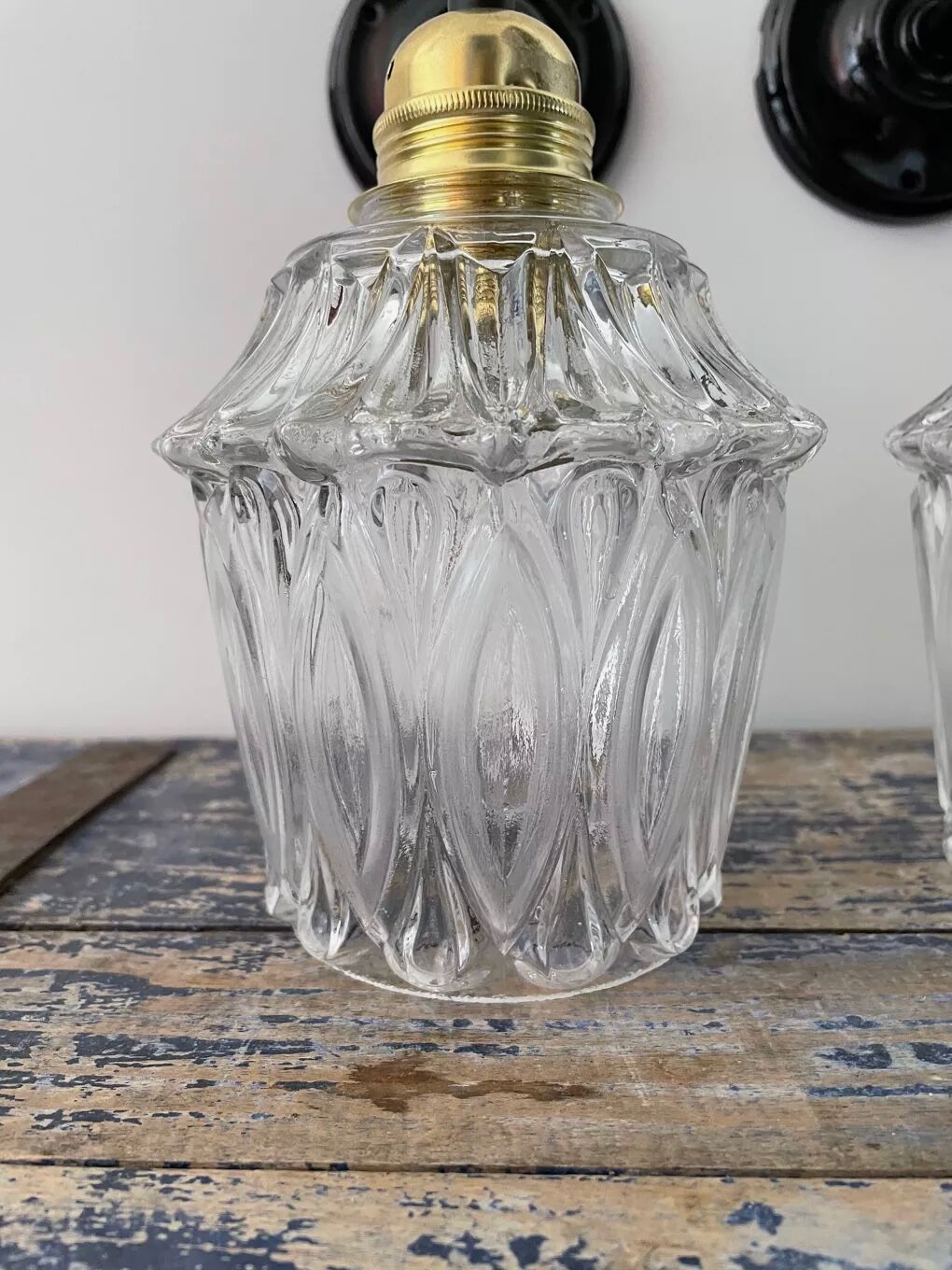 Pair of vintage electrified glass wall lamps