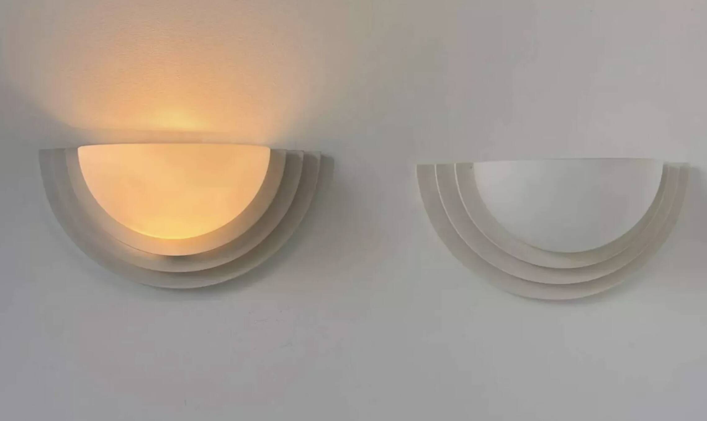 Pair of vintage geometric wall lights, plaster and sandblasted glass, France 1970