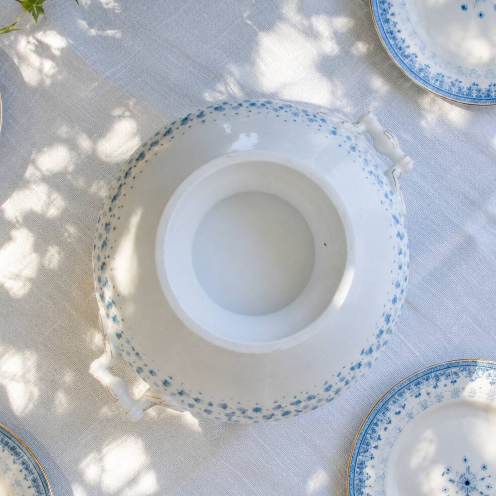 Large salad bowl from 1909 in porcelain by Oscar Shaller, blue and gold.