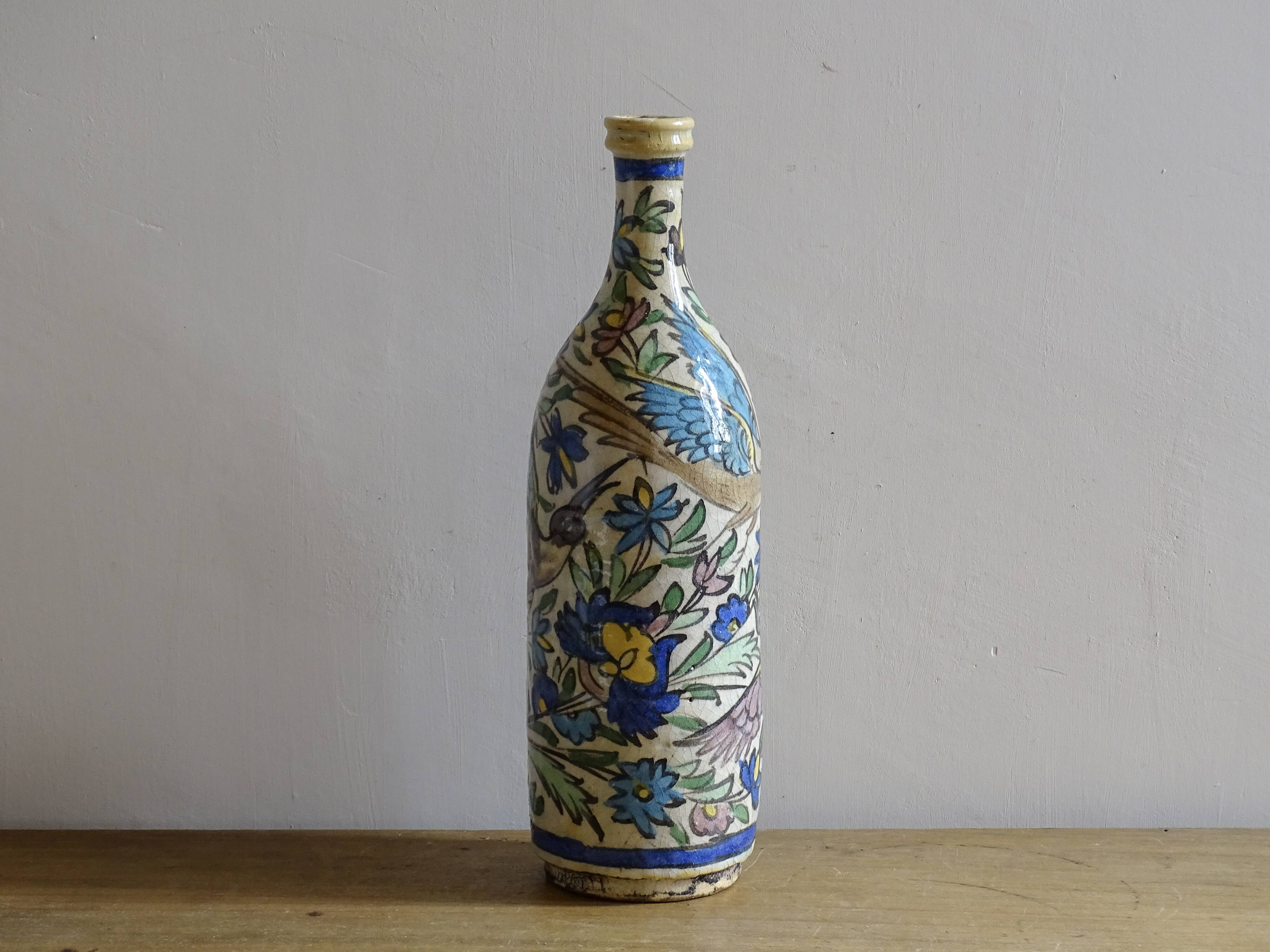 Antique Iznik Style Pottery Bottle with Birds, Ottoman Revival Ceramic Vase