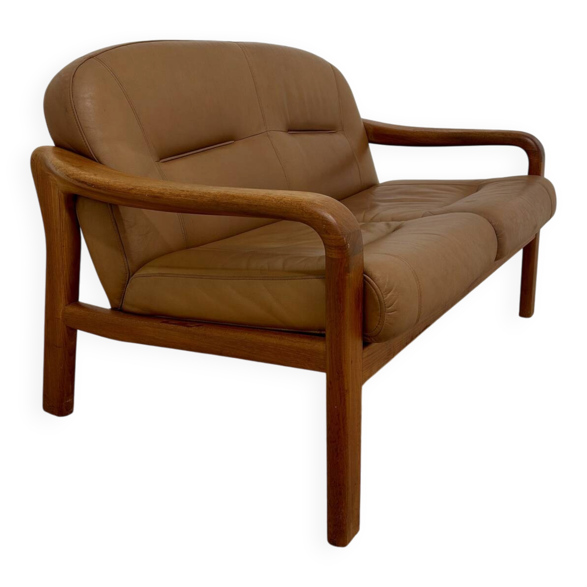 vintage camel leather and wood 2-seater sofa – 1970s