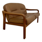 vintage camel leather and wood 2-seater sofa – 1970s