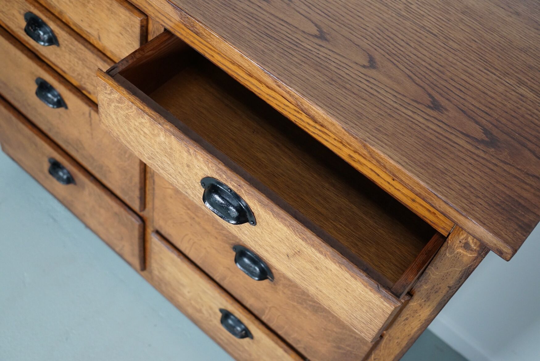 Belgian industrial oak apothecary cabinet, 1940s