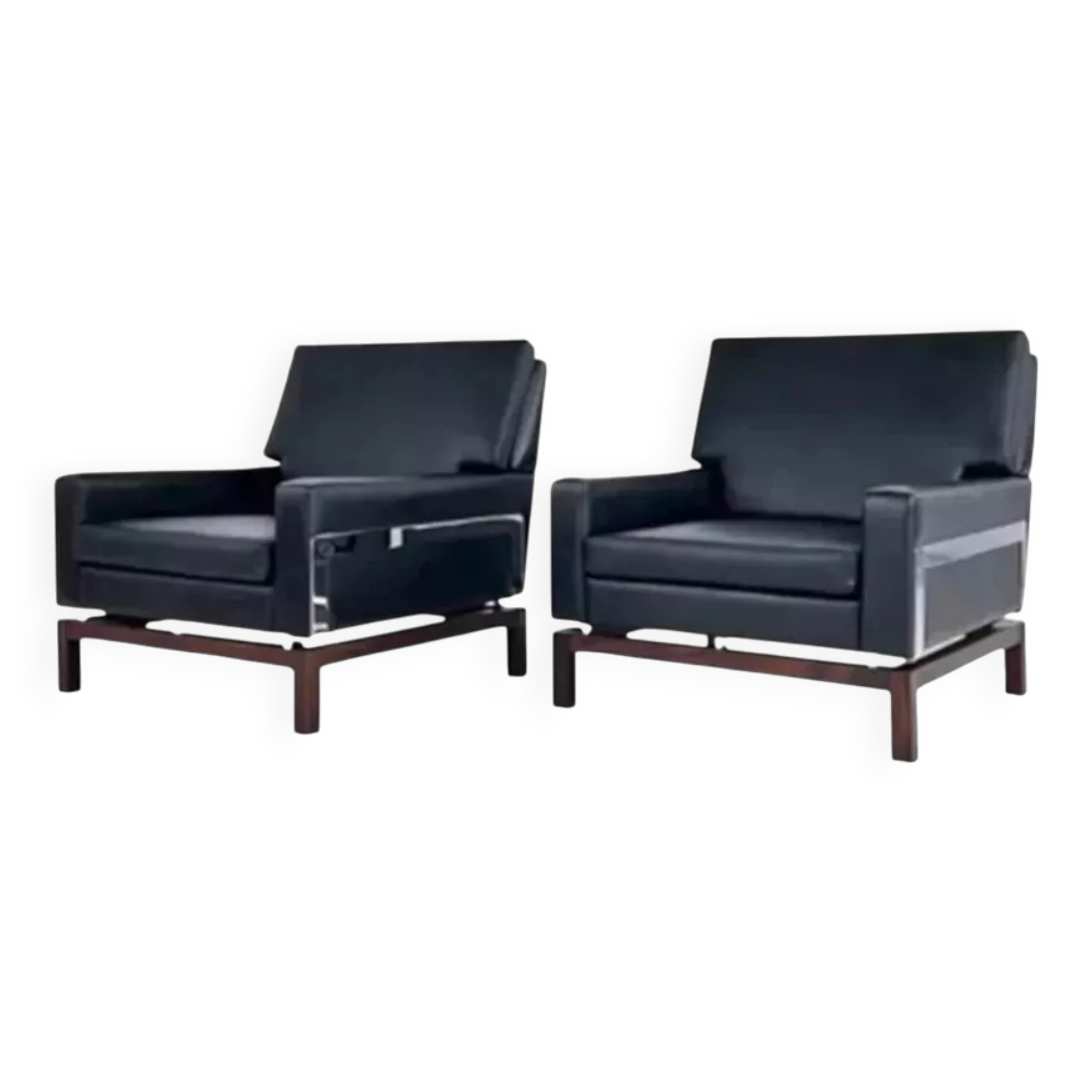 Pair of 50s-60s armchairs in imitation leather, wood and chrome