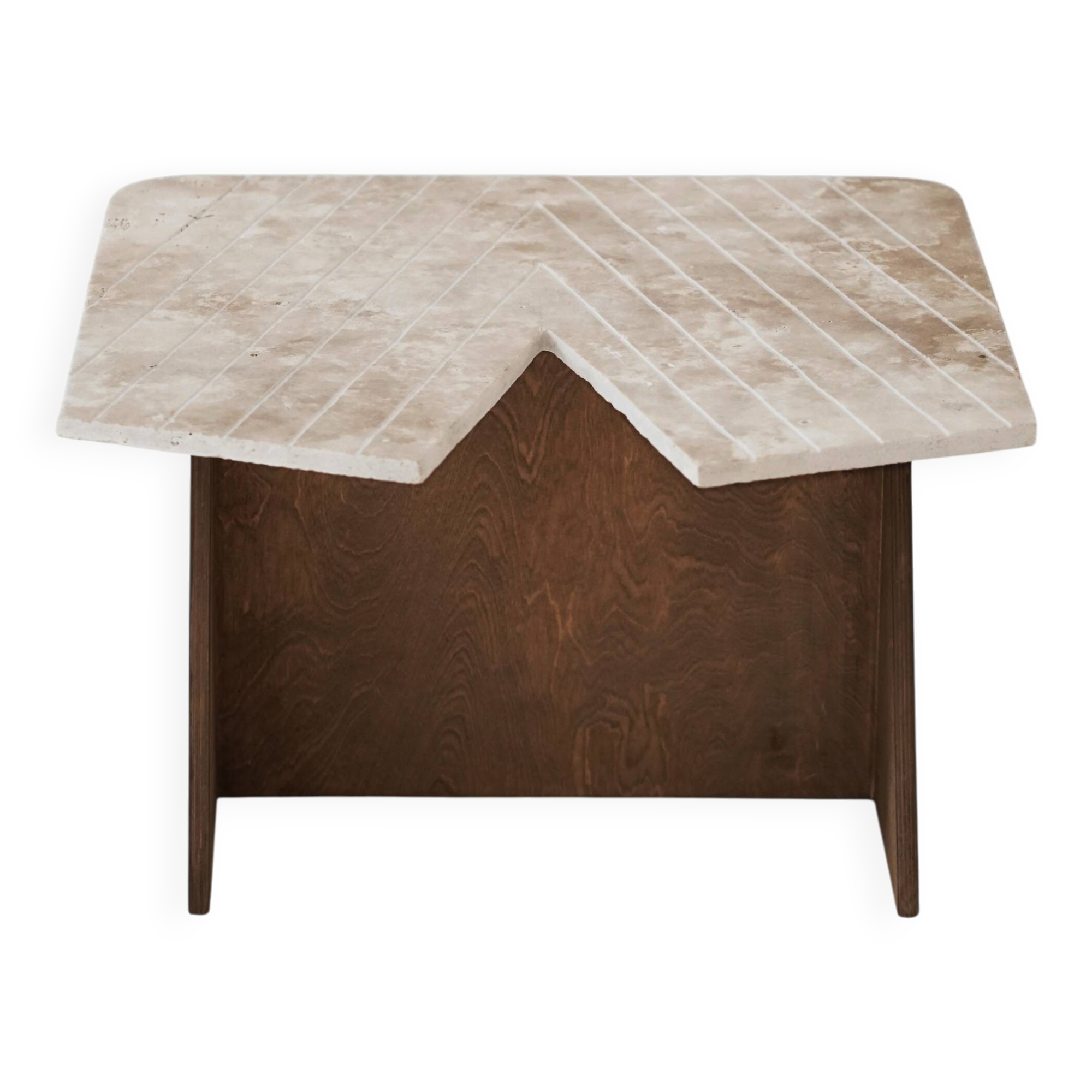 Wood and sculpted travertine table - Italy 1970