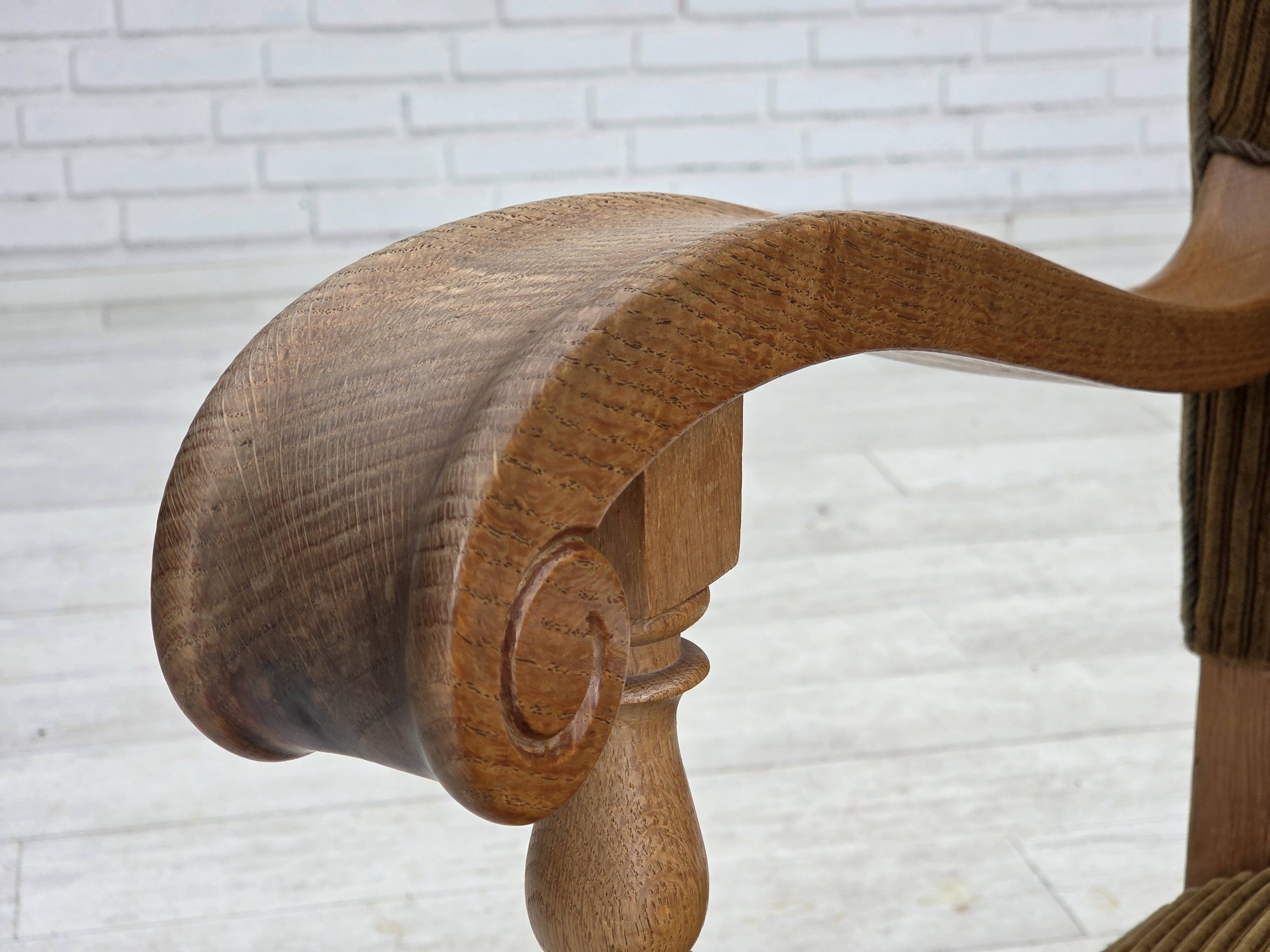 1970s, Scandinavian highback armchair, furniture corduroy, carved oak wood.