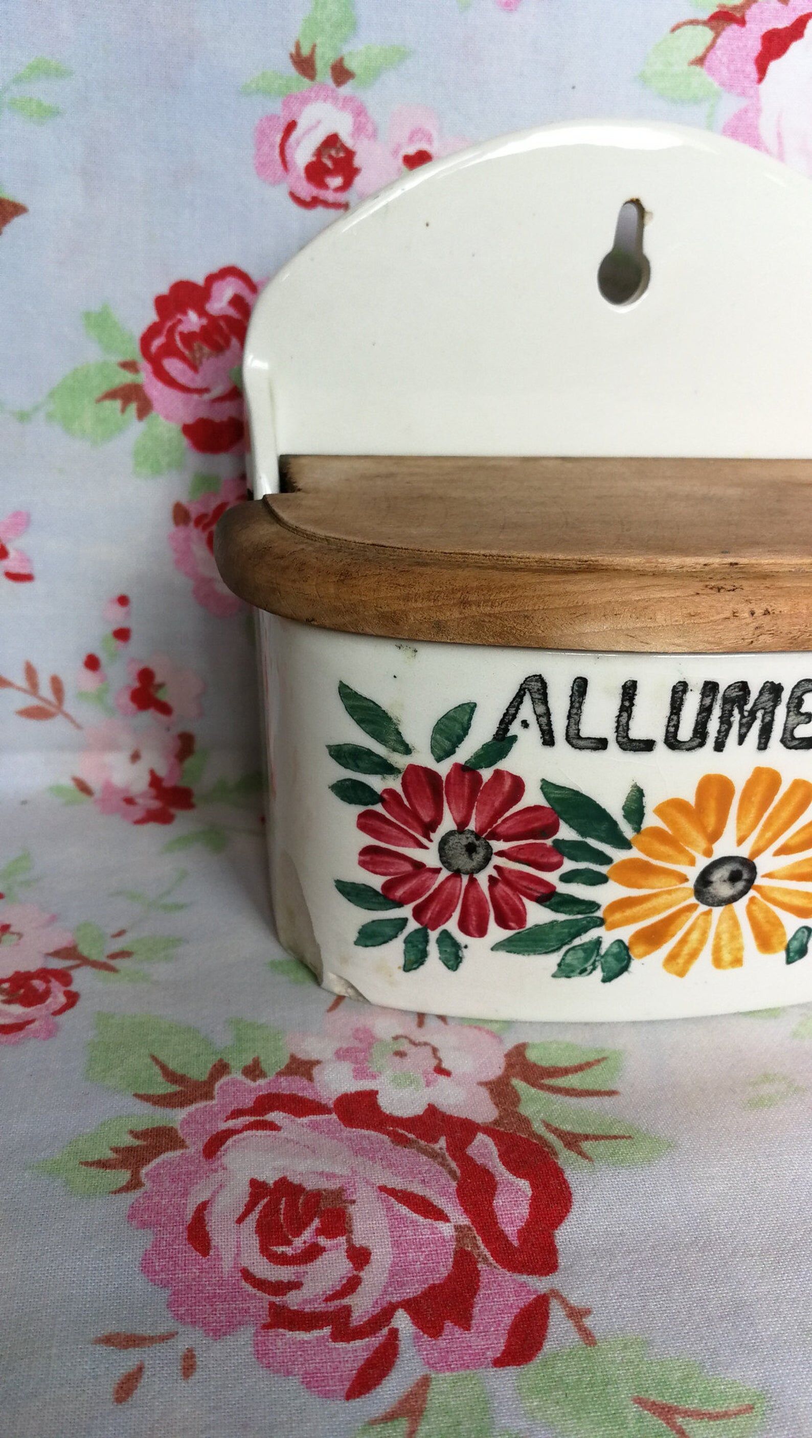 Ceramic matchbox and vintage antique wood dishes Creil Montereau HBCM