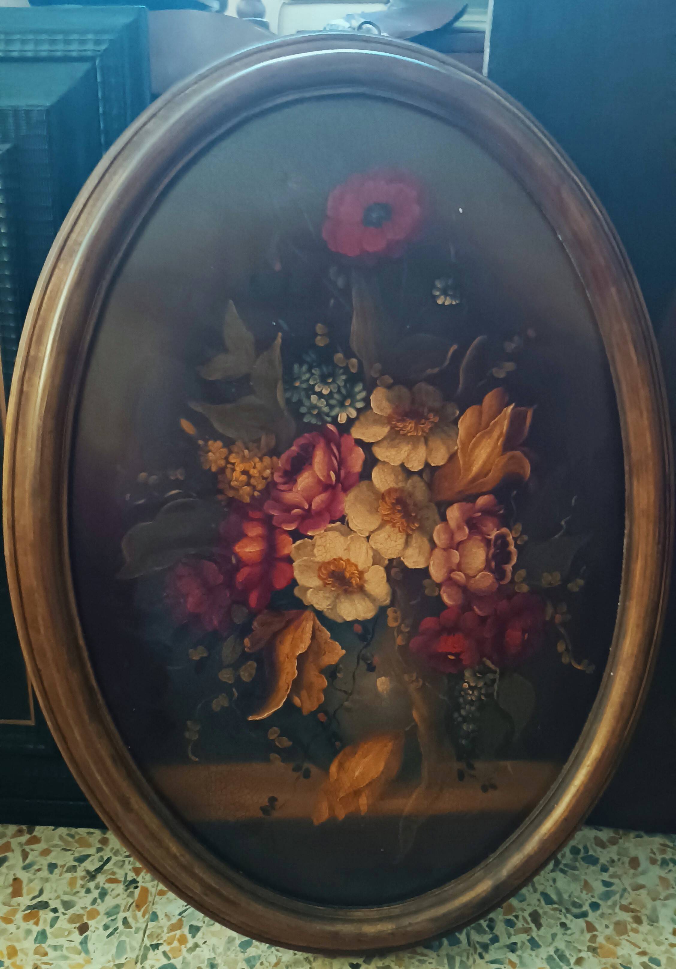 Peinture huile sur panneau ovale fleurs
