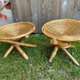 Pair of Spiral Stools in Wicker Rattan Made in France Vintage #B796