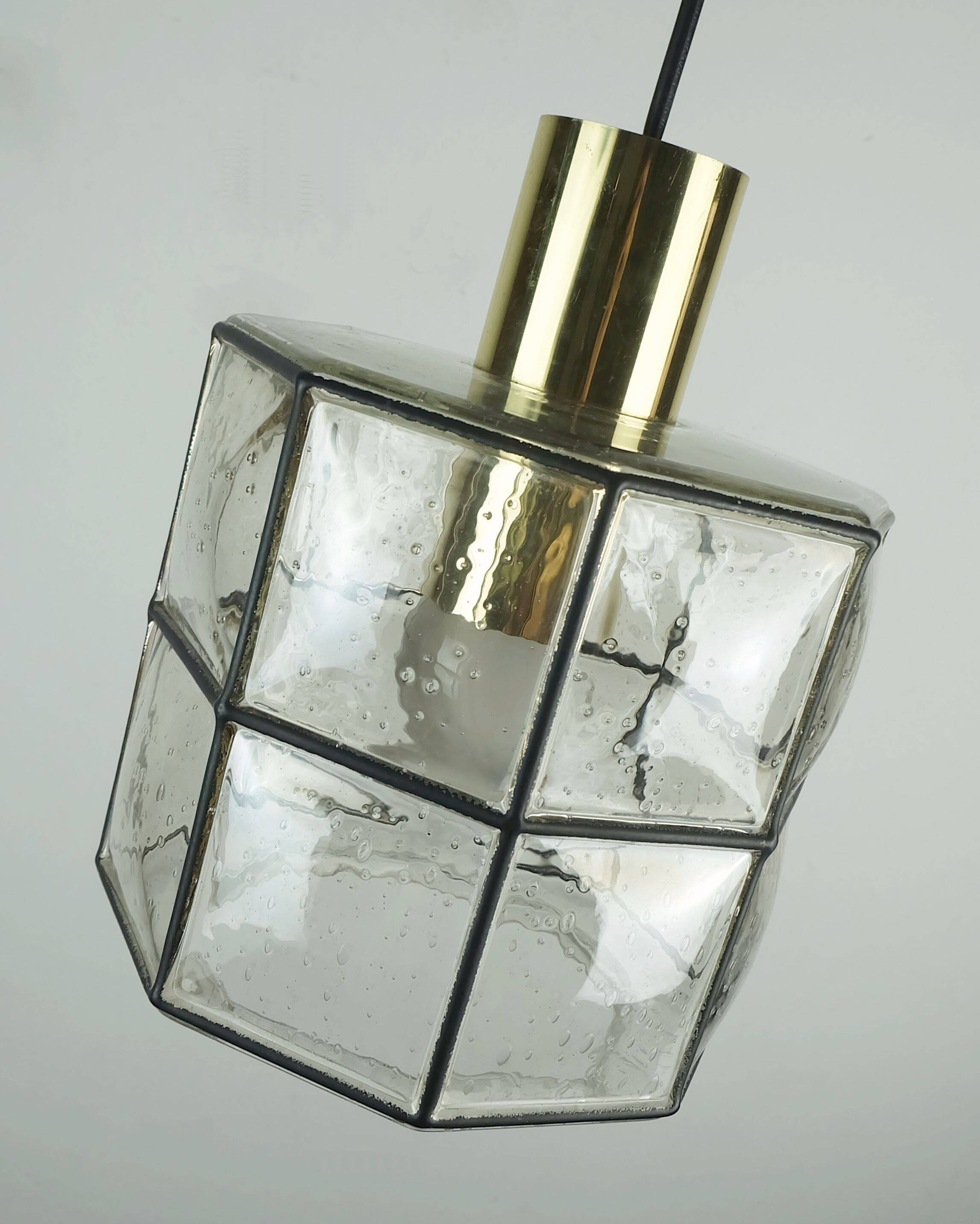 1960s 70s glashuette limburg PENDANT LAMP clear glass shade and brass