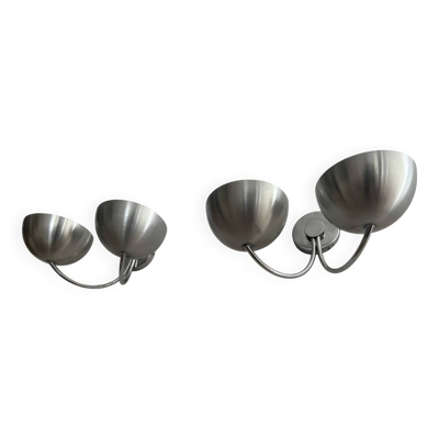 Paire d'applique vintage double, aluminium brossé et chrome, France 1970