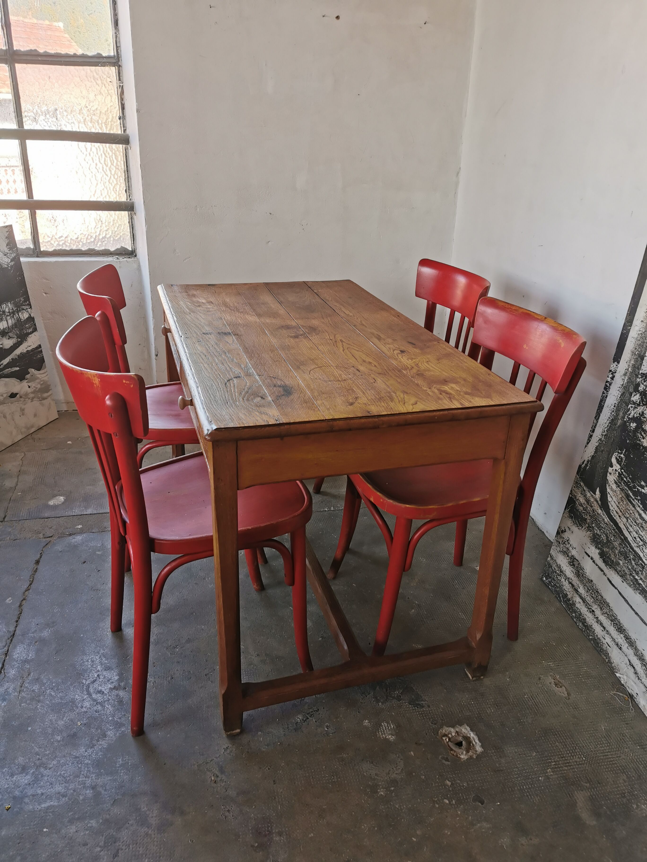 Table in raw oak, countryside.