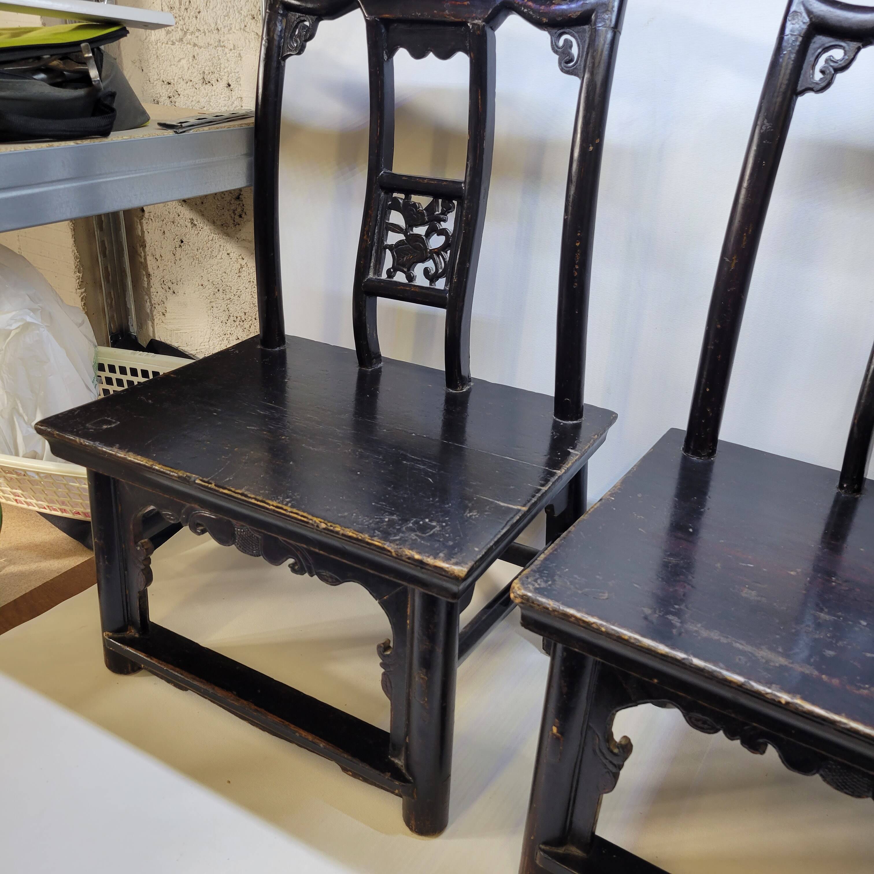 Pair of old chairs armchairs 19th century Chinese stools in black lacquered wood