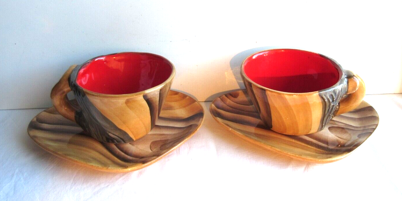 2 lunches decorated in faux wood style, cups + saucers, signed VALLAURIS