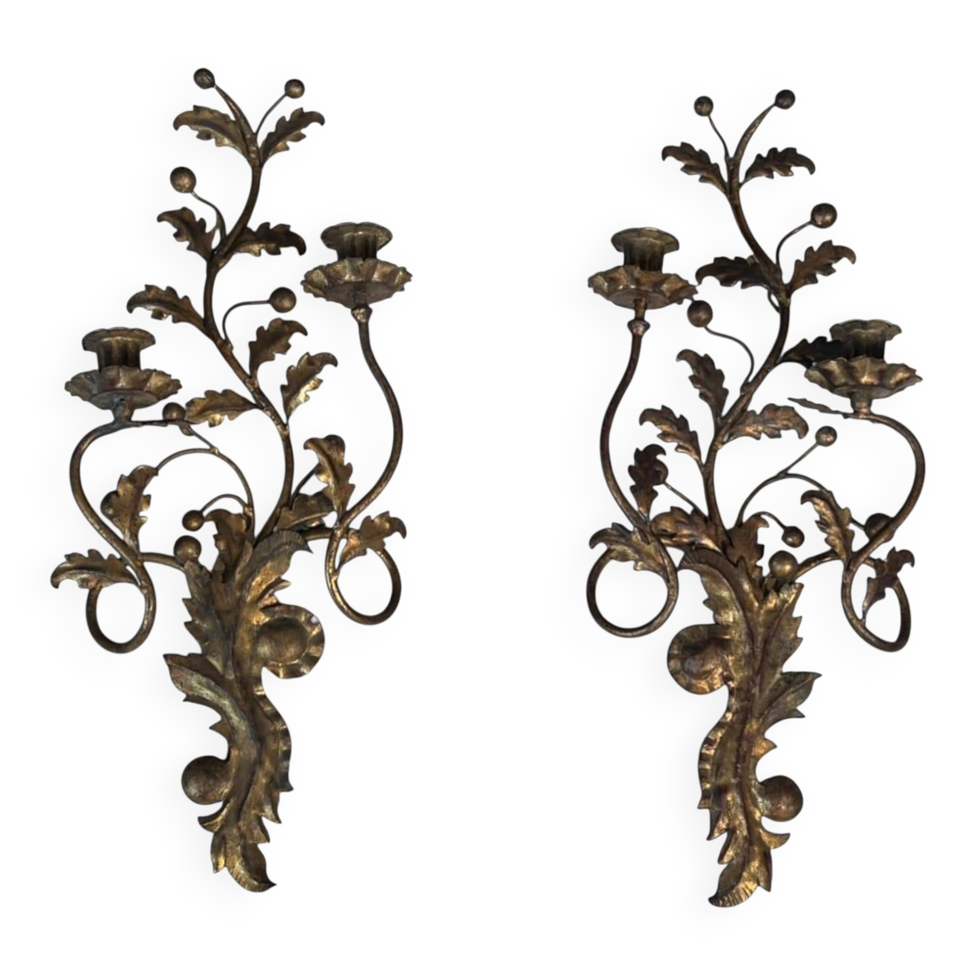 Pair of Two-Arm Wall Lights in Gold Metal with Leaf Decoration