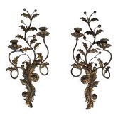 Pair of Two-Arm Wall Lights in Gold Metal with Leaf Decoration