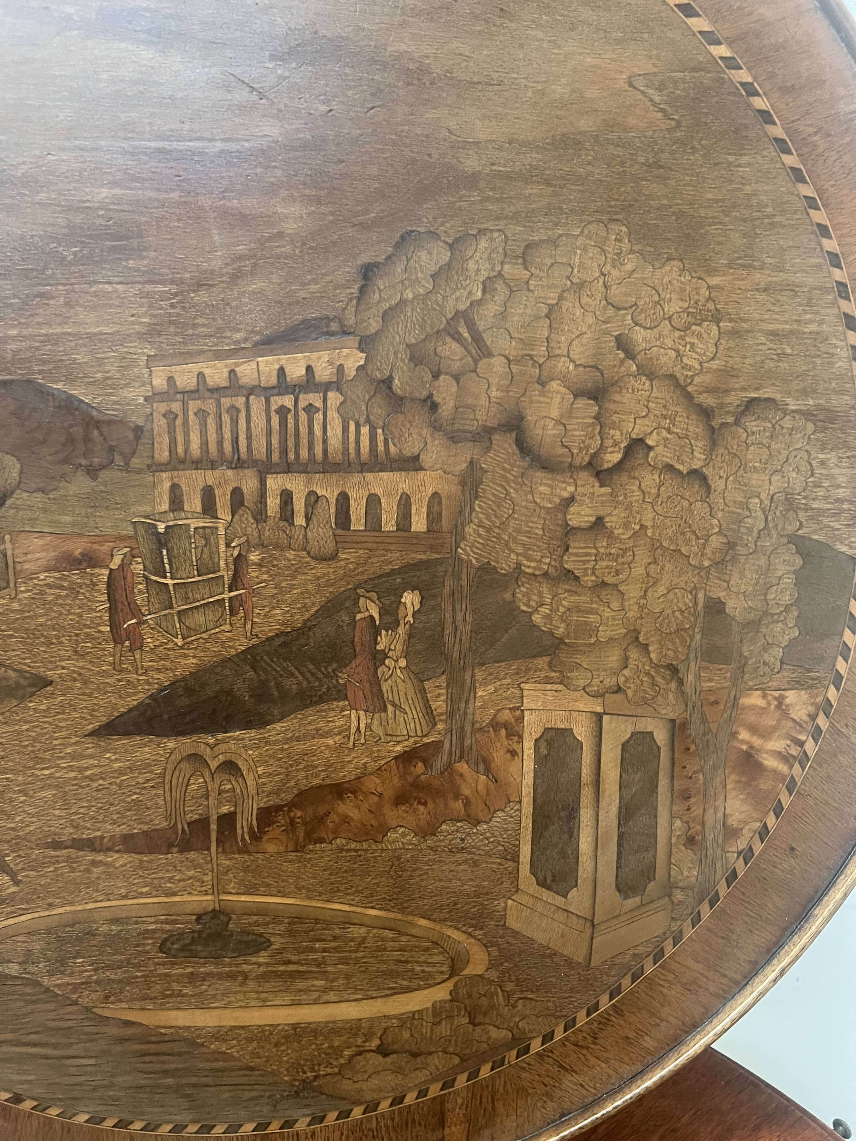 Louis XVI style marquetry pedestal table with removable top, 20th century