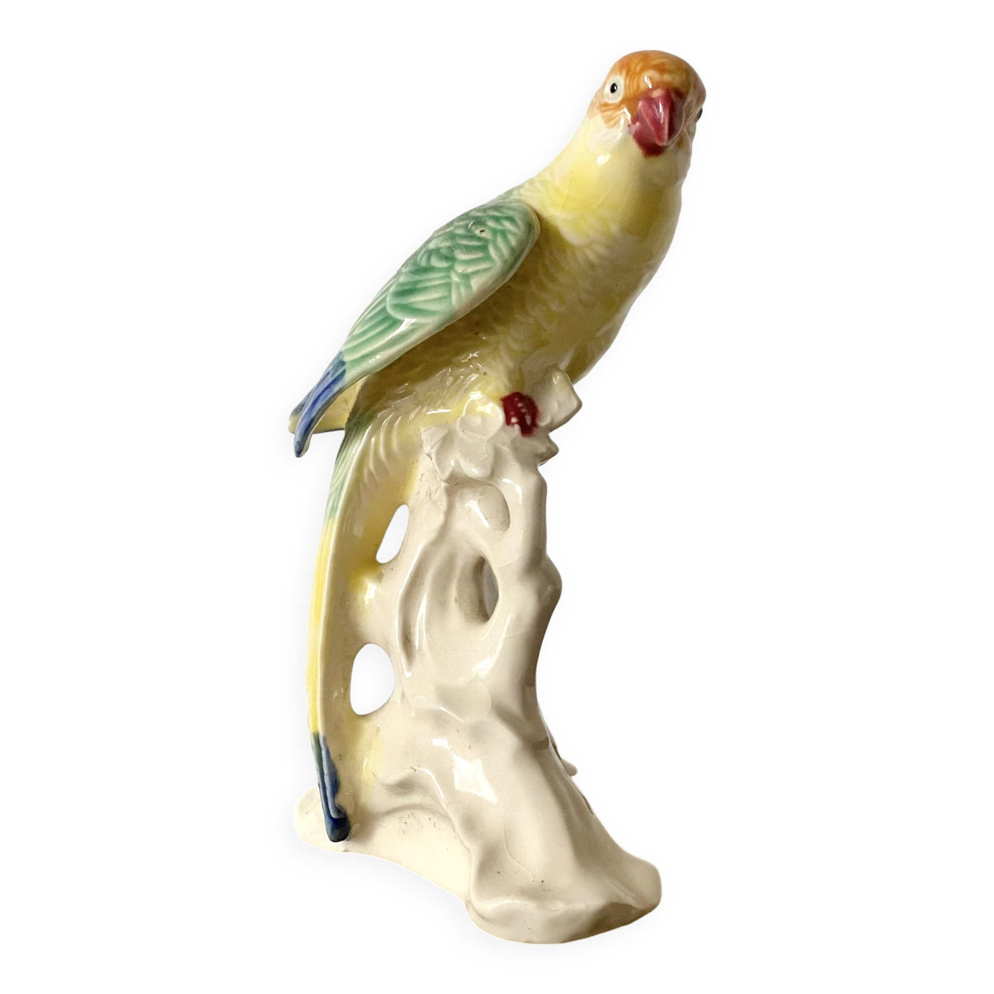 Ceramic parakeet, exotic bird in slip