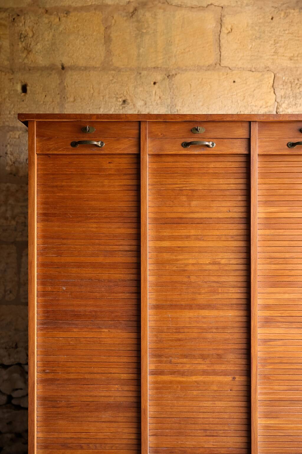 Oak workshop cabinet with curtains – antique triple column