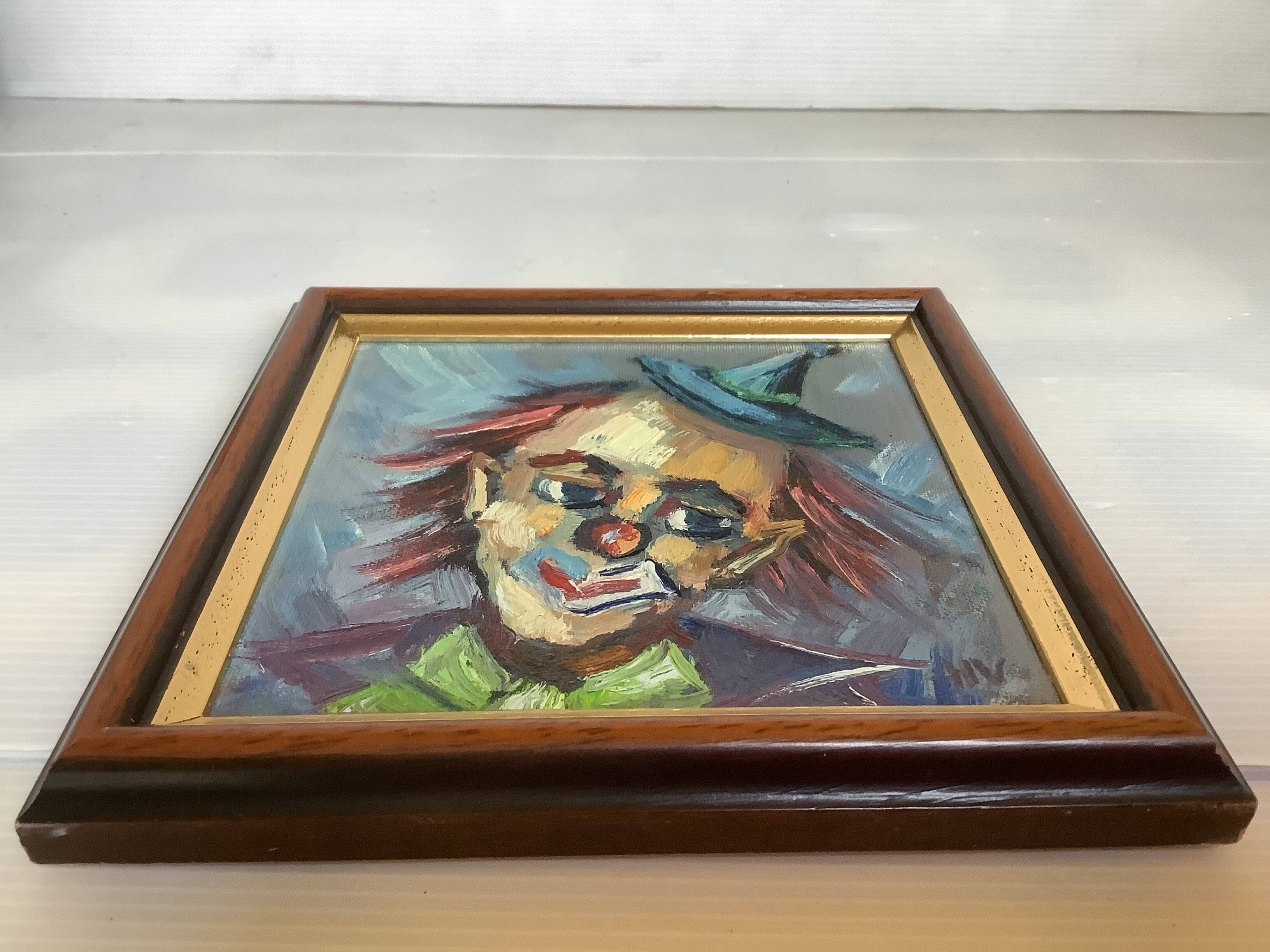 Small clown painting, oil on panel, signed